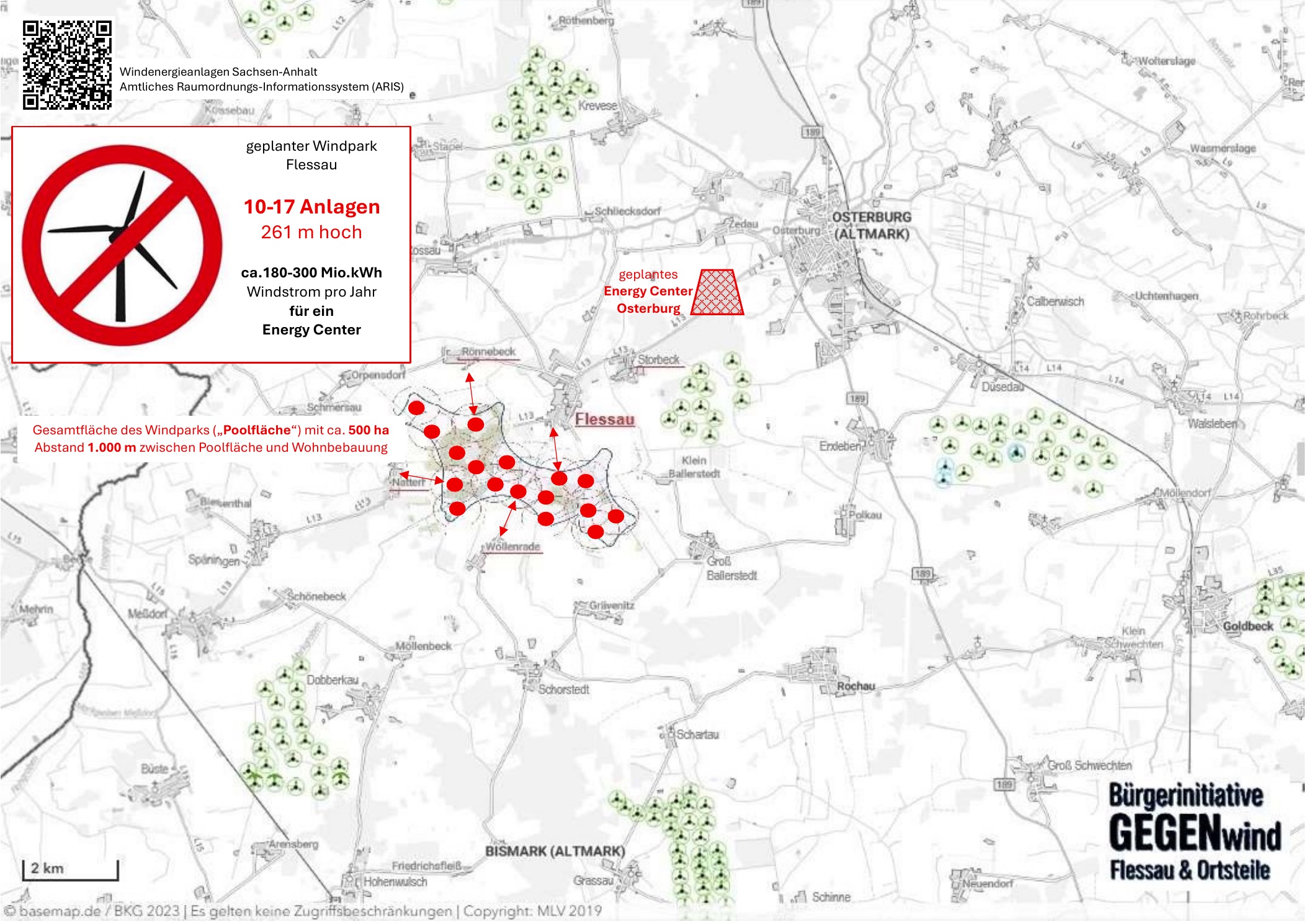 Karte der Region um Flessau und Osterburg mit eingezeichneten möglichen Standorten des geplanten Windparks